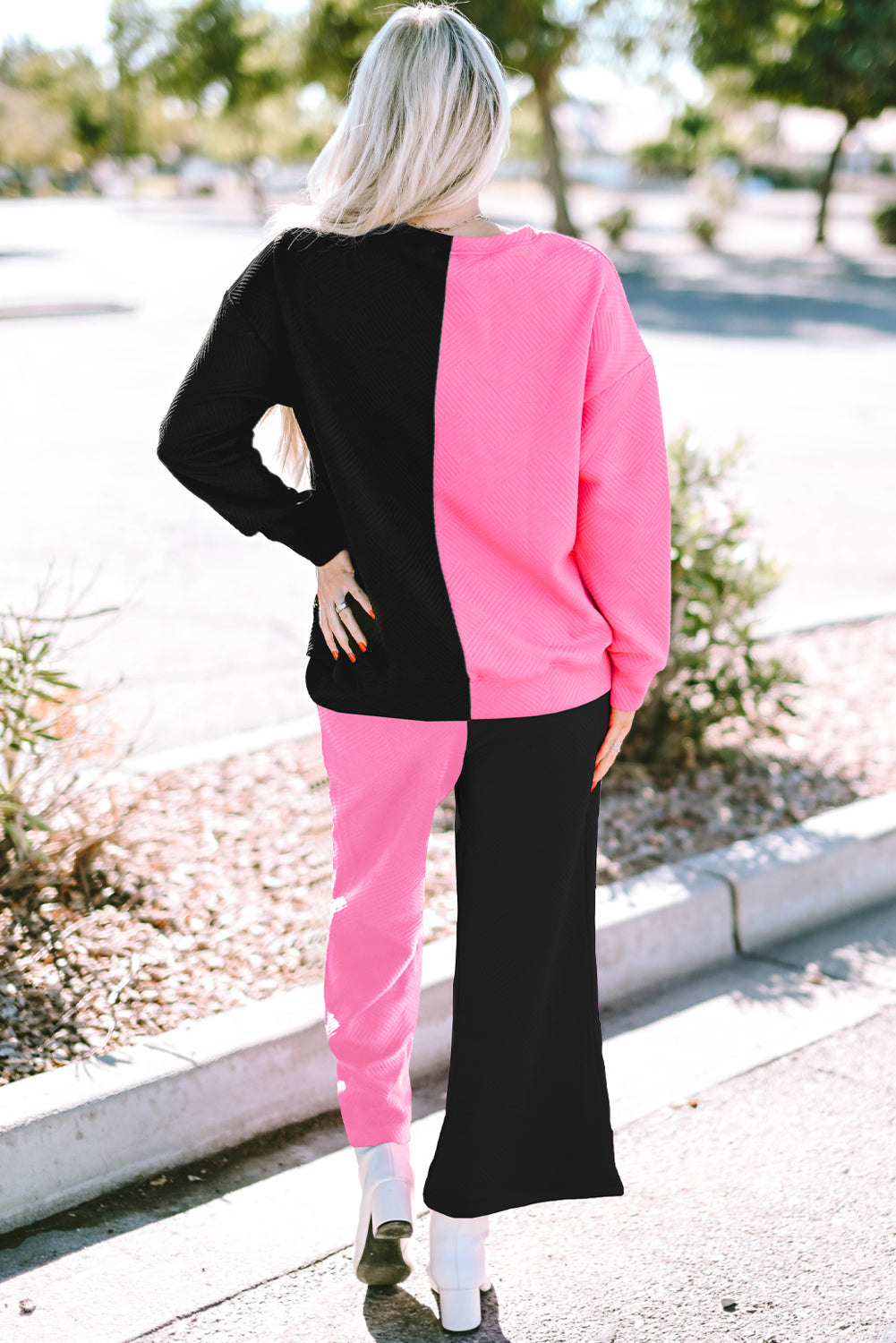 Women's Textured Everyday 2-Piece Contrast Color-Block Outfit