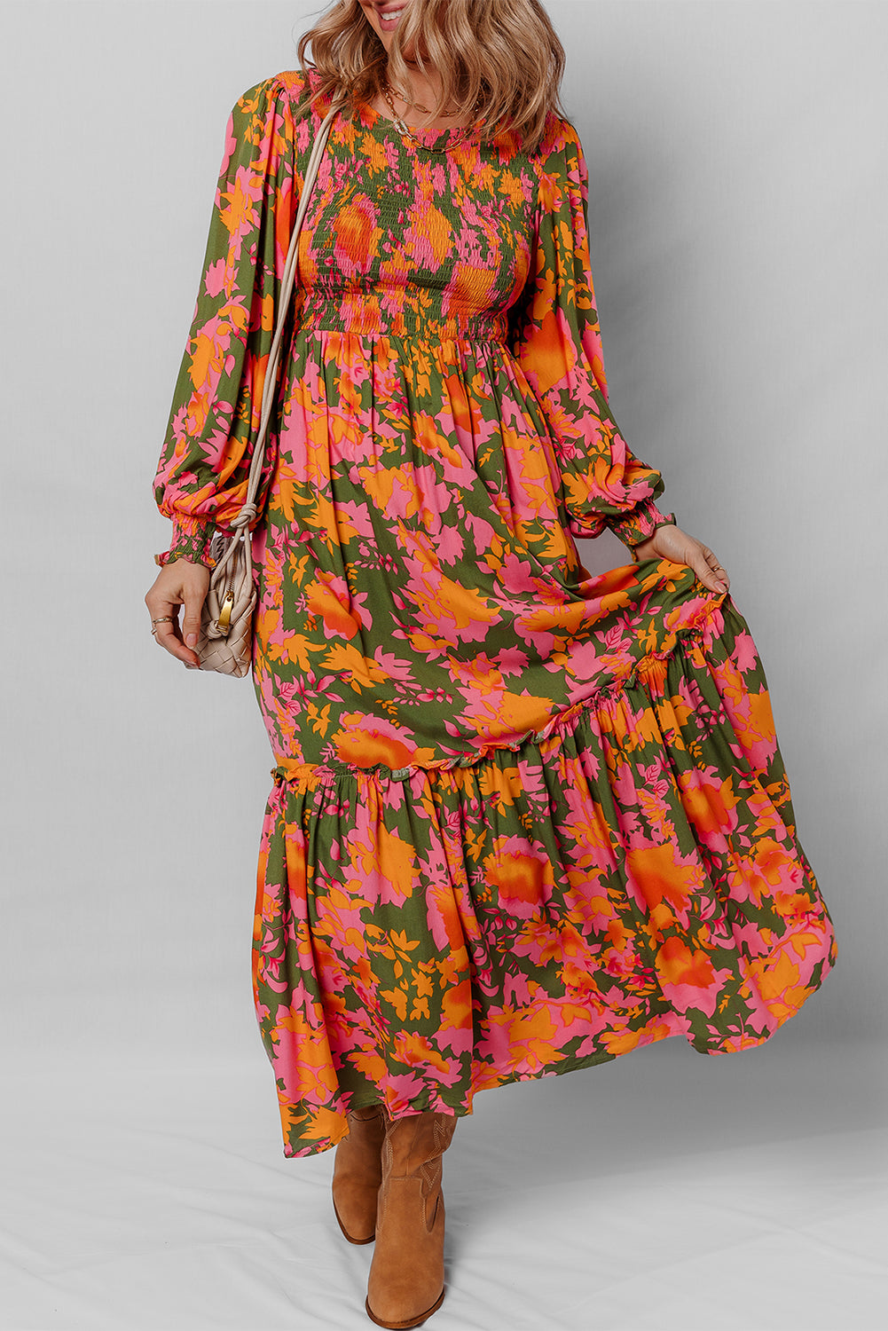 Sleeve Floral Puff Smocked Bodice Ruffled Long Dress