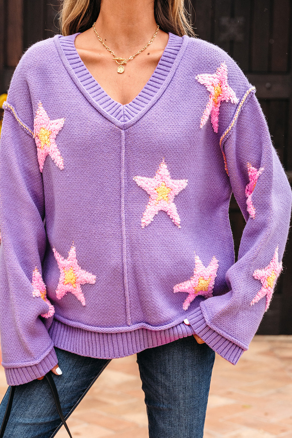 Graphic Brushed Star V-Neck Drop-Shoulder Oversize Knit Top