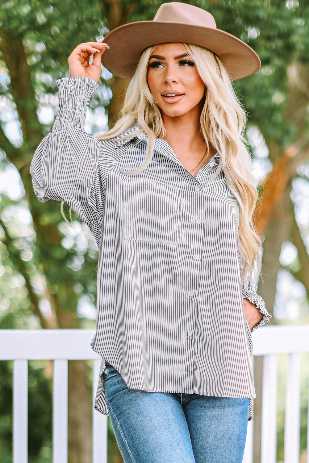 Women's Shirt with Shirred Cuffed Striped Boyfriend