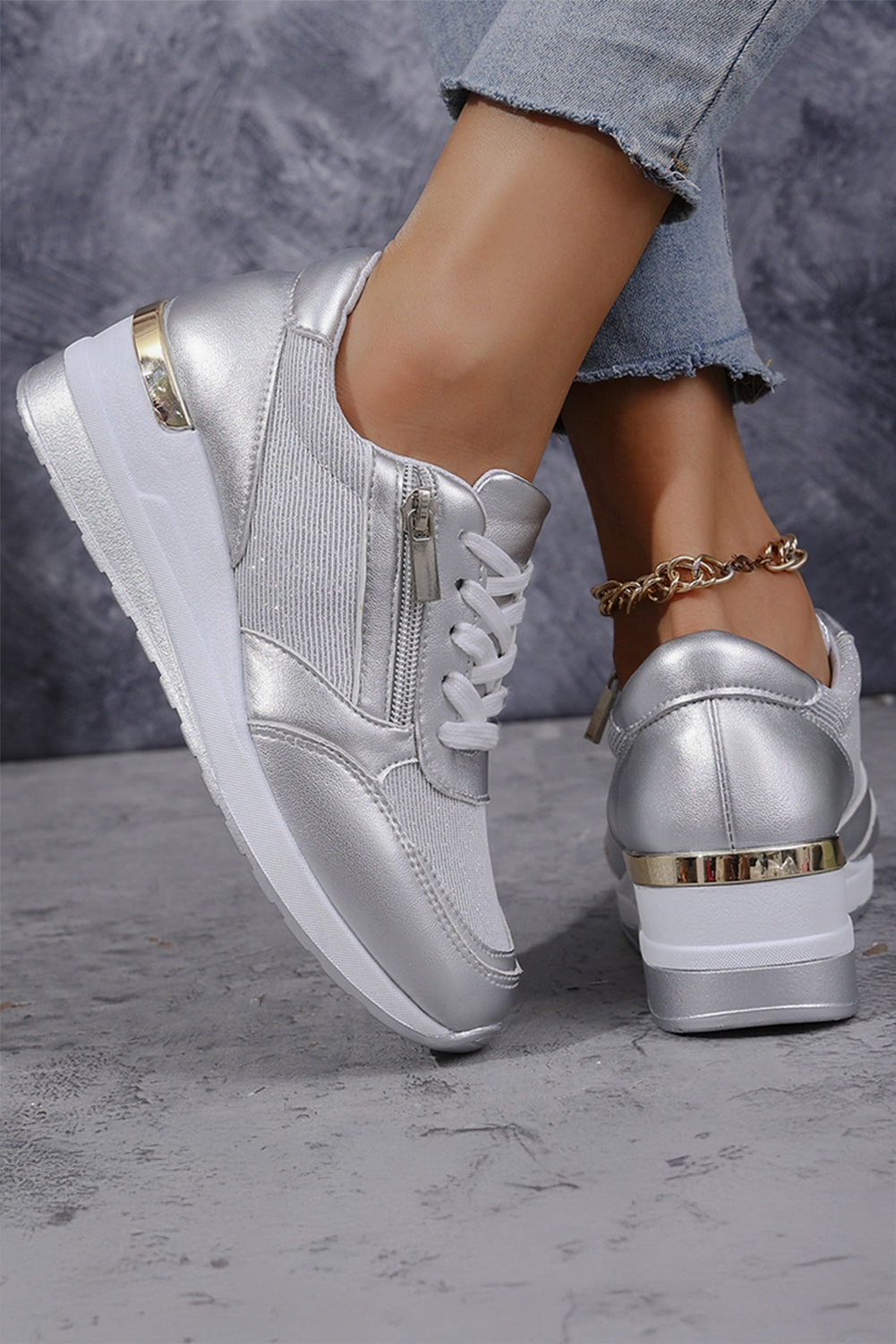 PU Zip Leather Patchwork Lace-up Sneakers