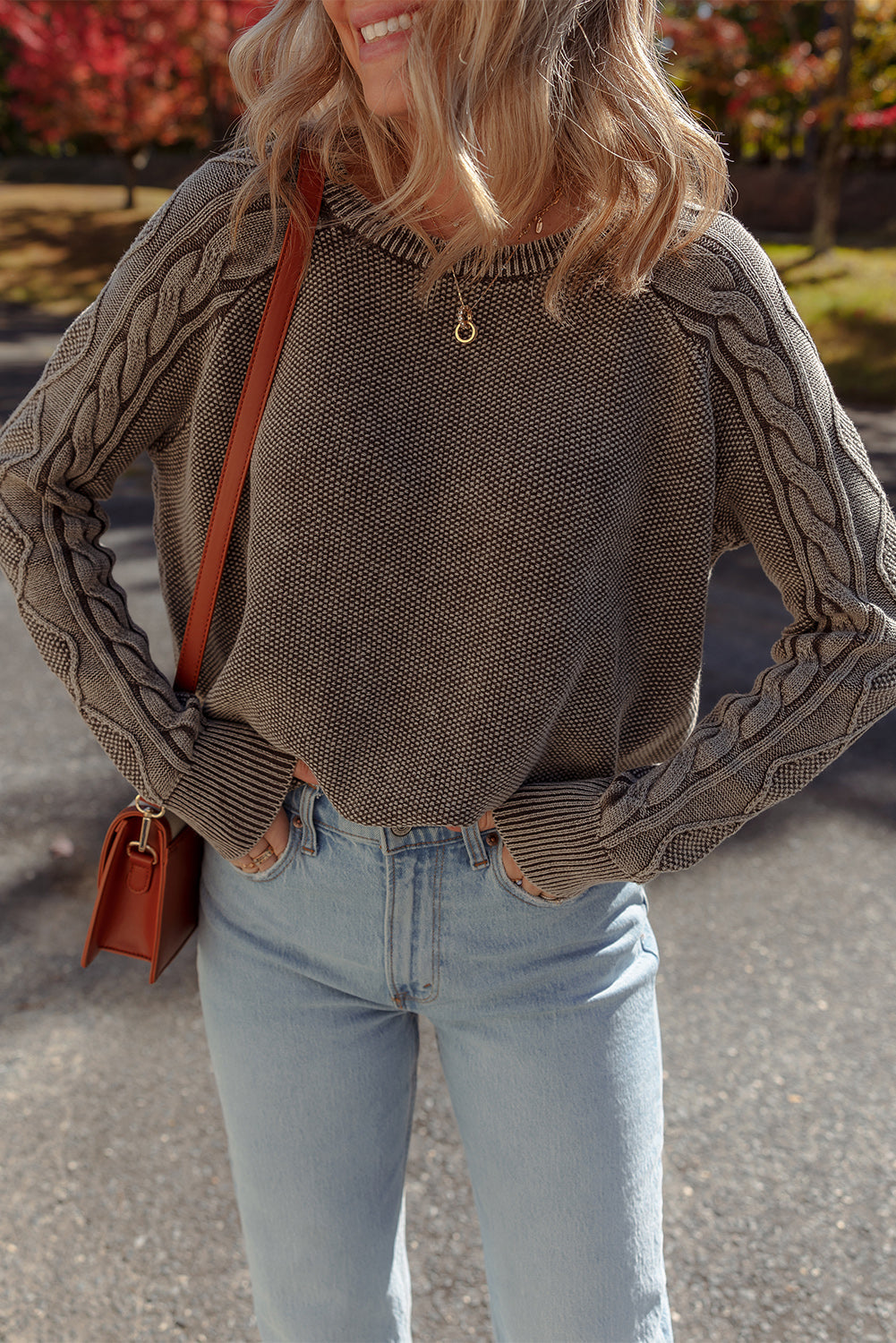 Contrast Cable Knit Sleeve Everyday Knit Top in Dark Brown