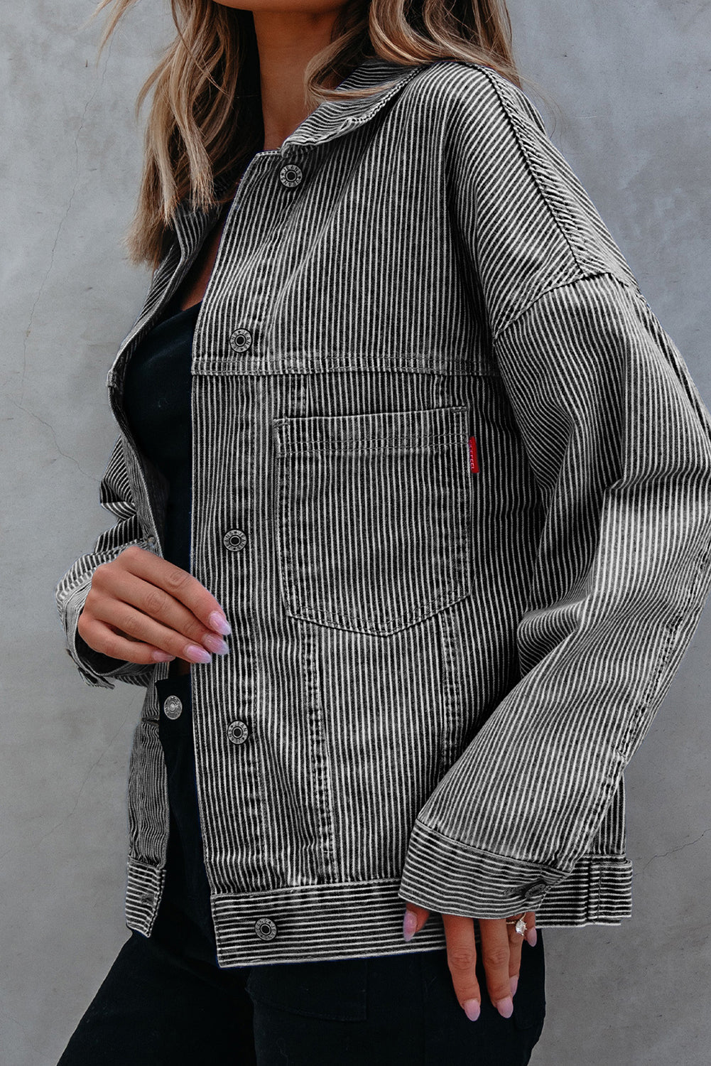 Washed Oversize Stripe Oversize Pocket-Detail Denim Jacket in Blue