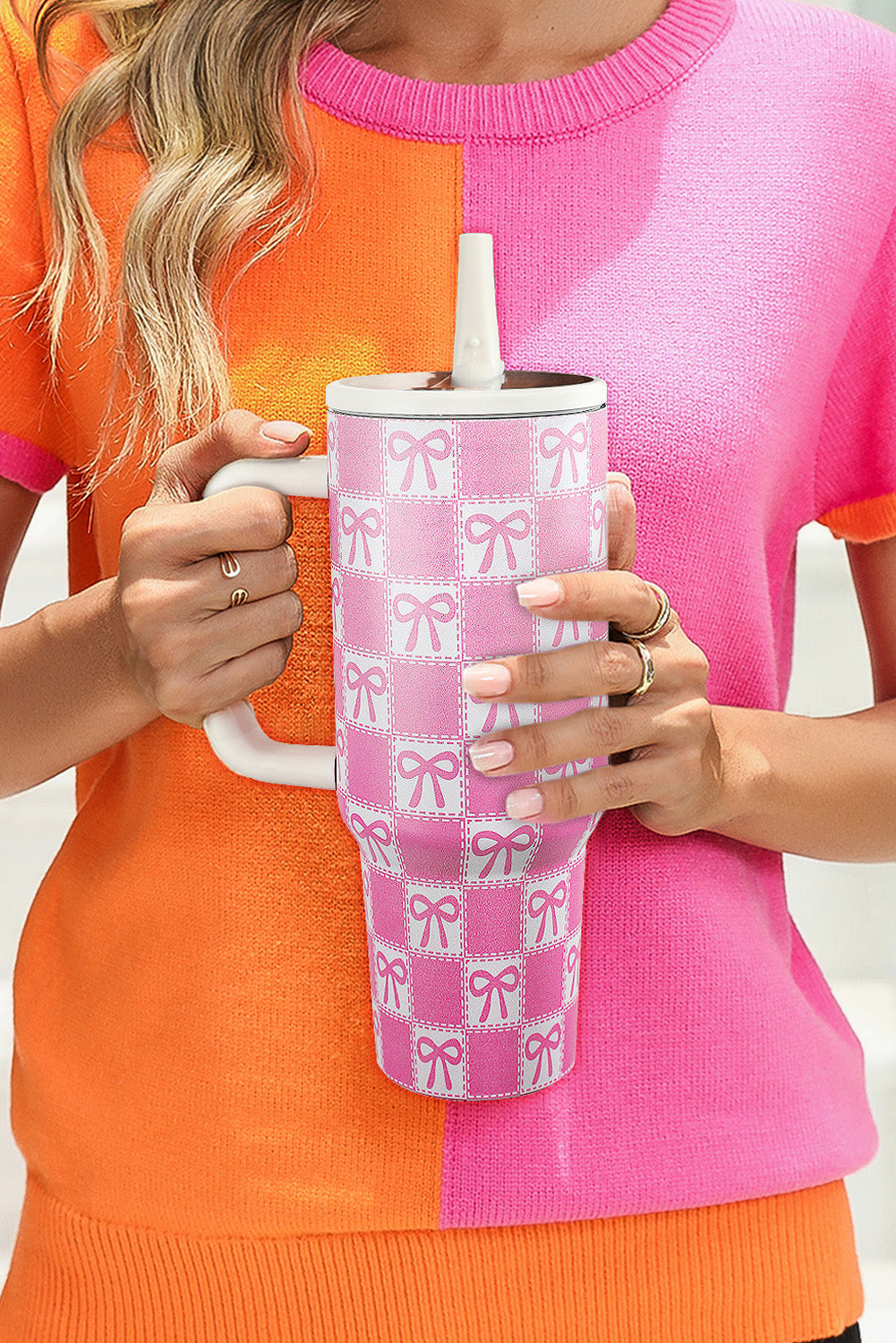 Checkered Bow Knot Print Handle Large Tumbler 40OZ