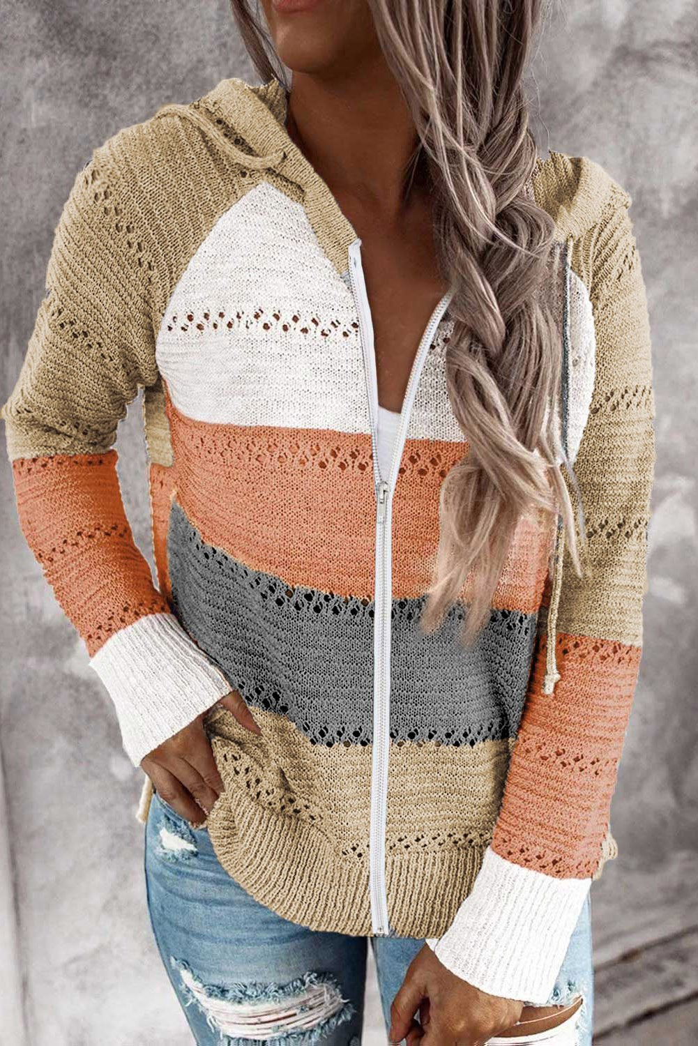Women's Womens Multicolor Zipped Front Color-Block Hollow-out Knitted Hoodie