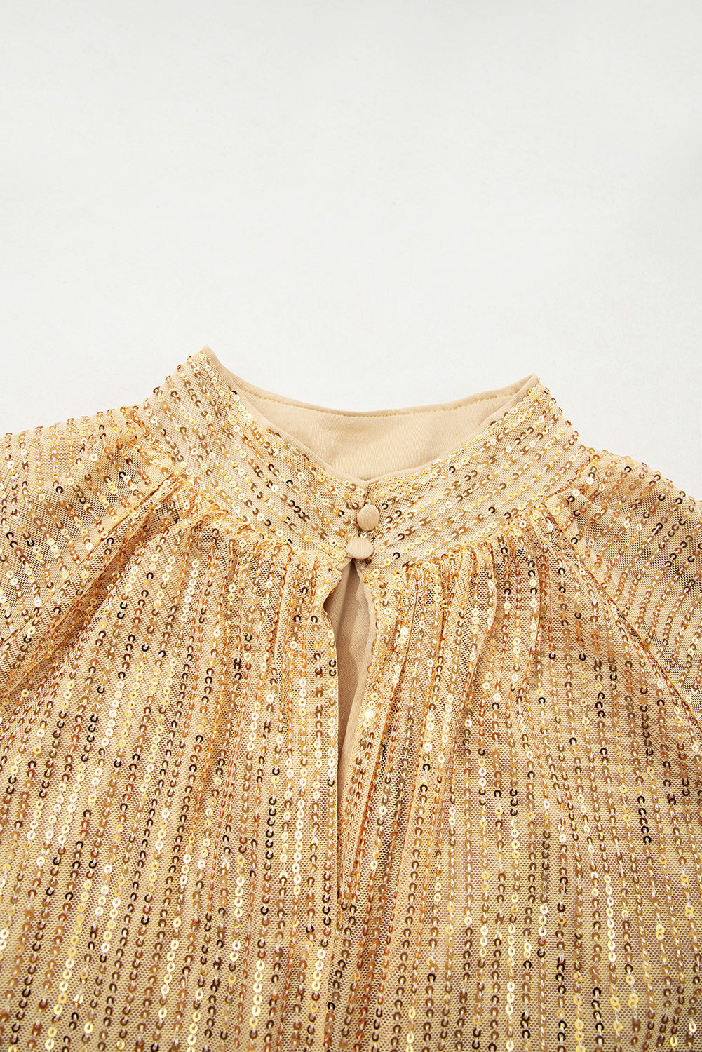 Sleeve Metallic Balloon Button-Front High Neck Loose Blouse