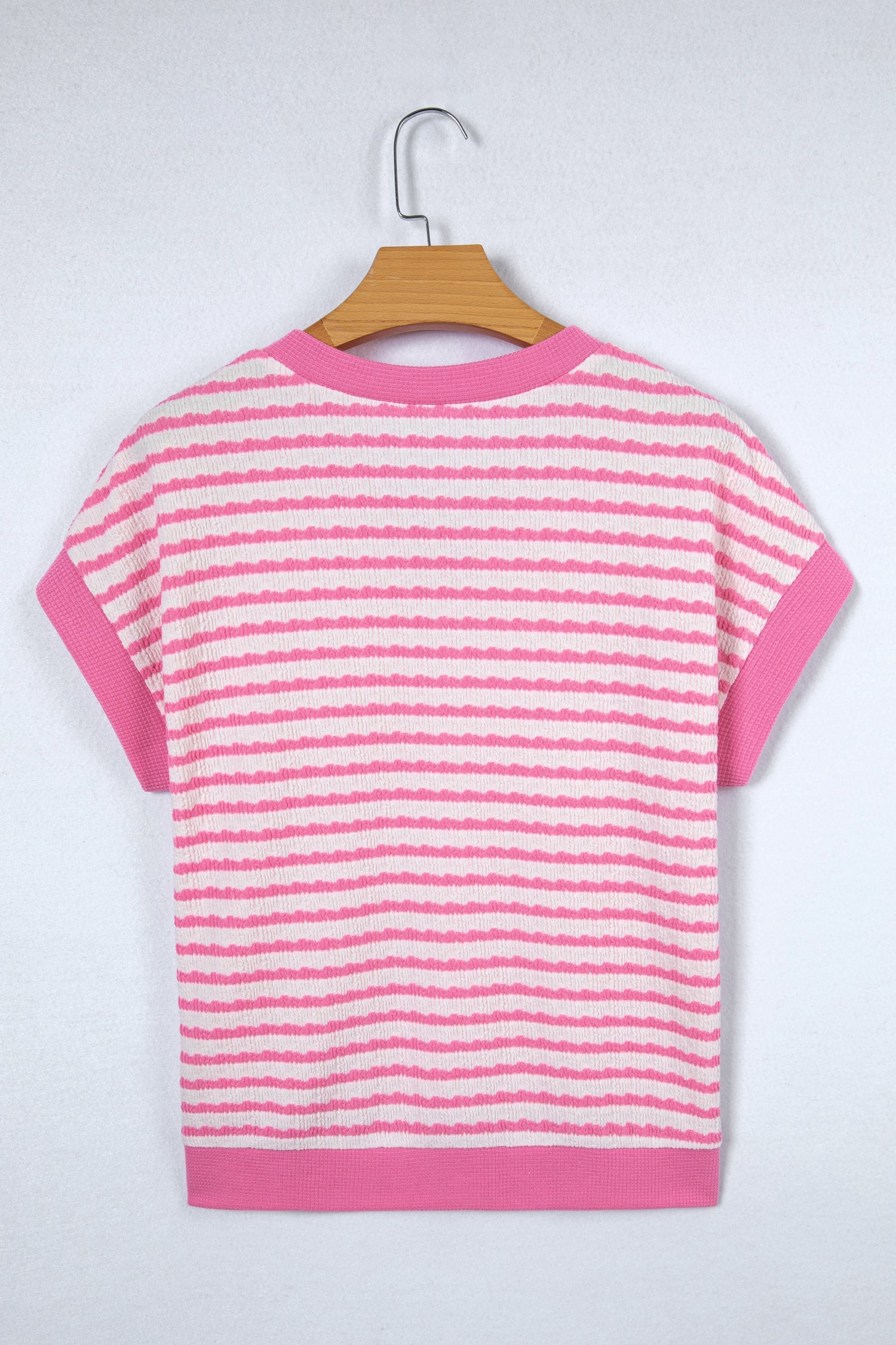 Cute Knit Pink Textured Contrast Trim Short-Sleeved Top
