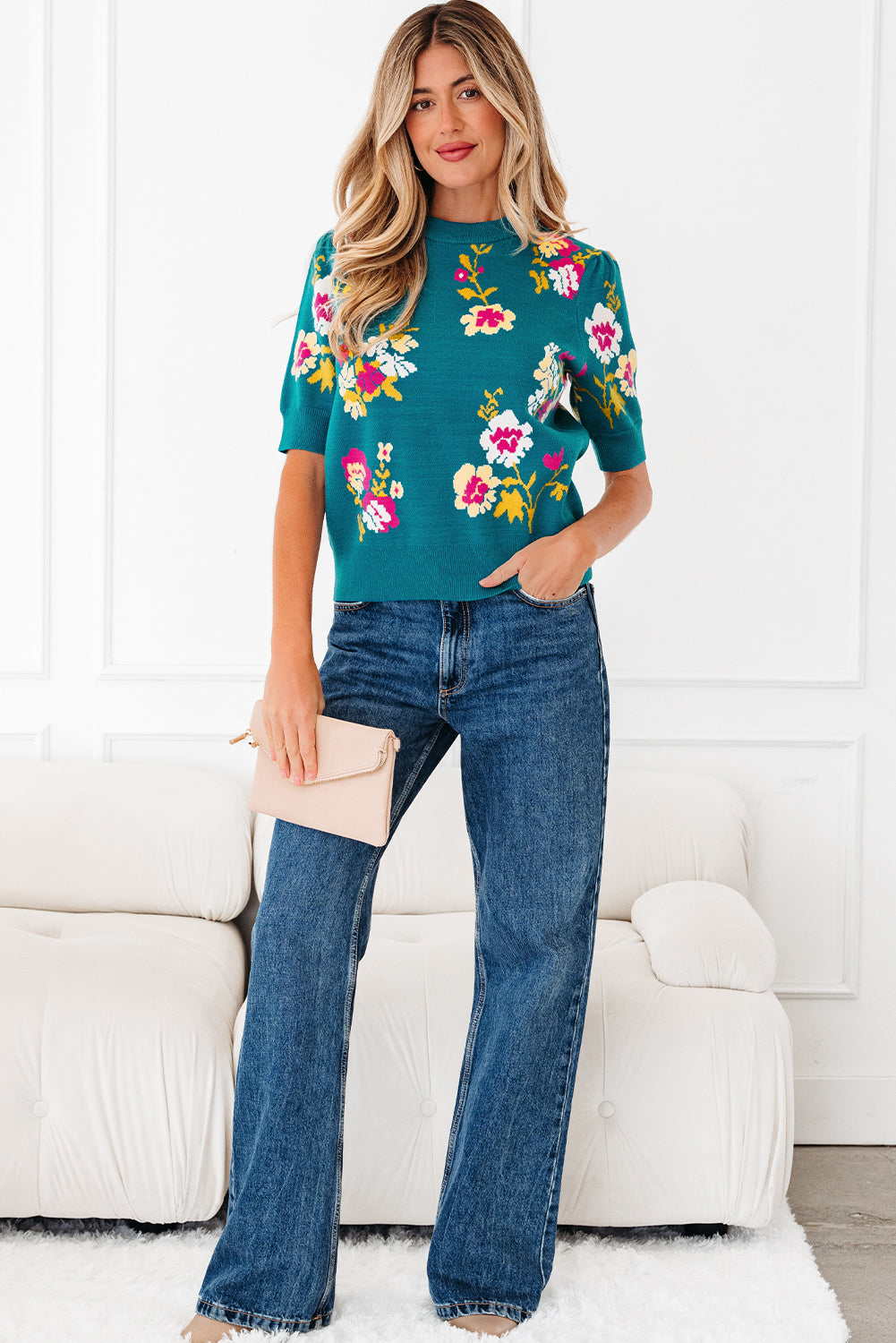 Pattern Mock-Neck Flower Mock-Neck Short-Sleeved Knit T Shirt