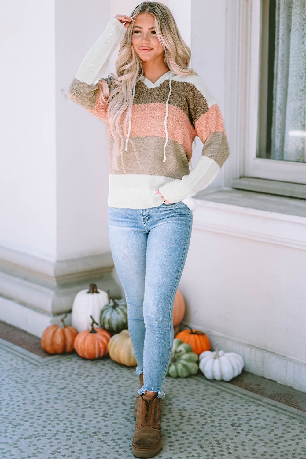 Women's Hooded Sweater Featuring Knitted Drawcord