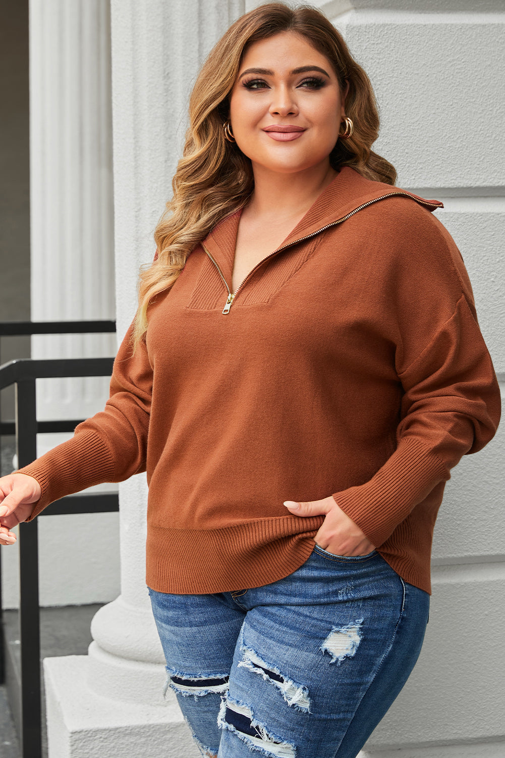 Women's Sweater Featuring Rib-Knitted Trim Plus Size Zip Collar