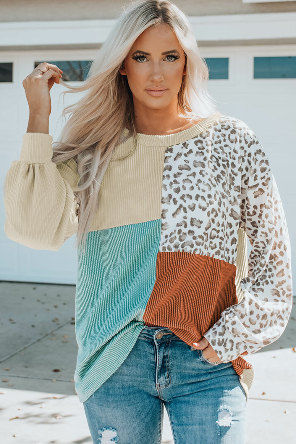 Women's Patchwork Rib-Knitted Long-Sleeve Top