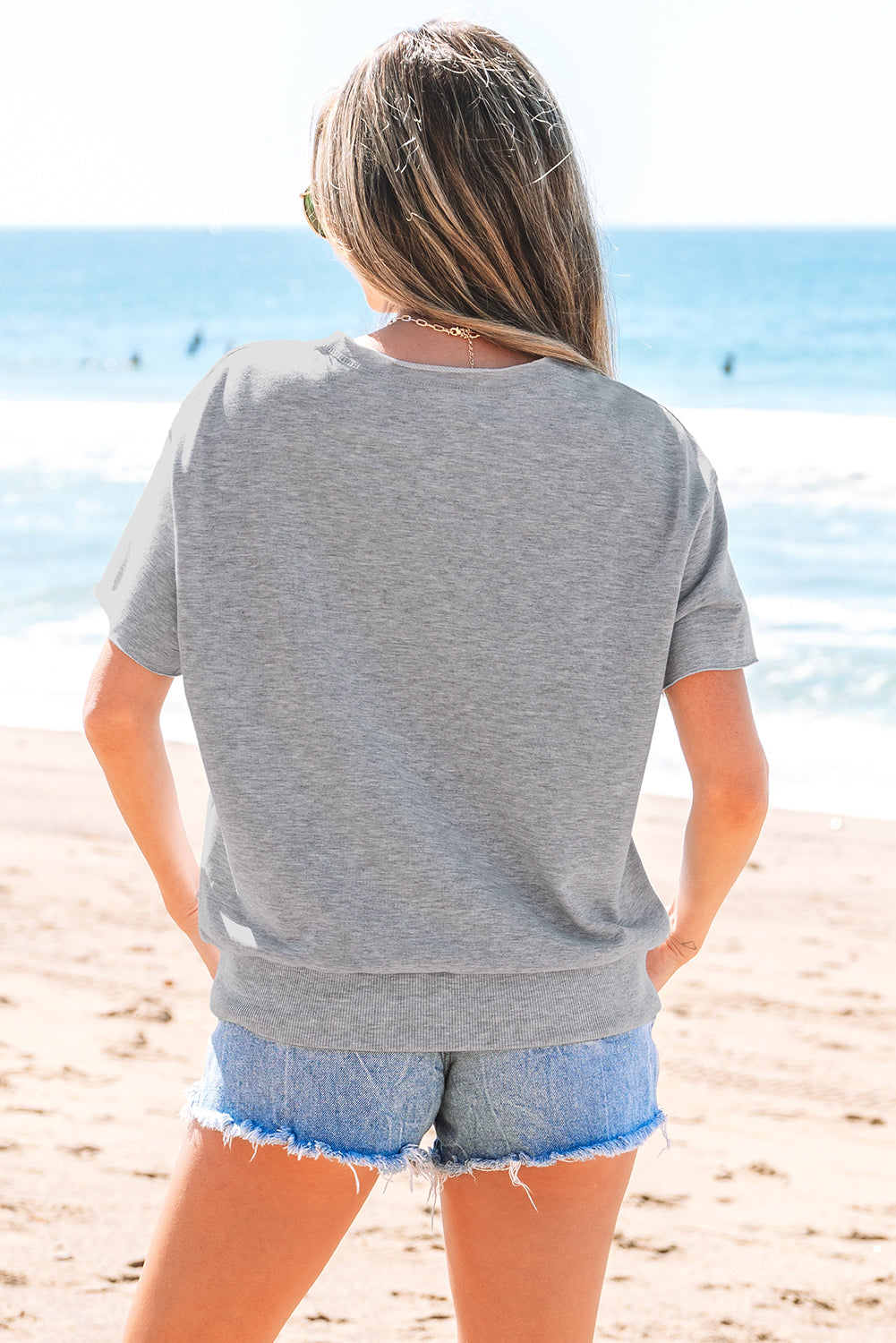 Gray USA Lettering Patch Notched Neck Loose Tee