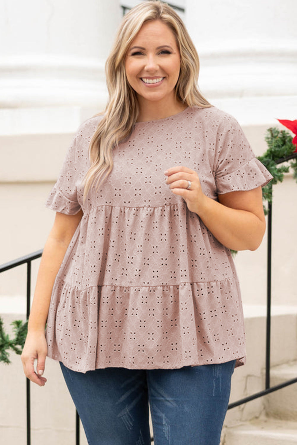 Babydoll Top for Women Plus Size Eyelet Pattern Ruffle-Trimmed Sleeve