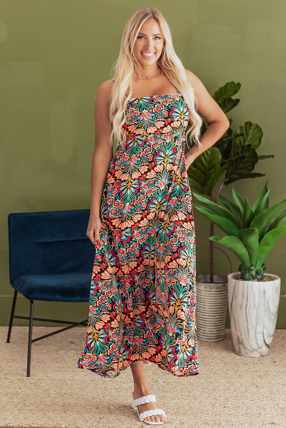 Boho Floral Print Thin Straps Maxi Dress