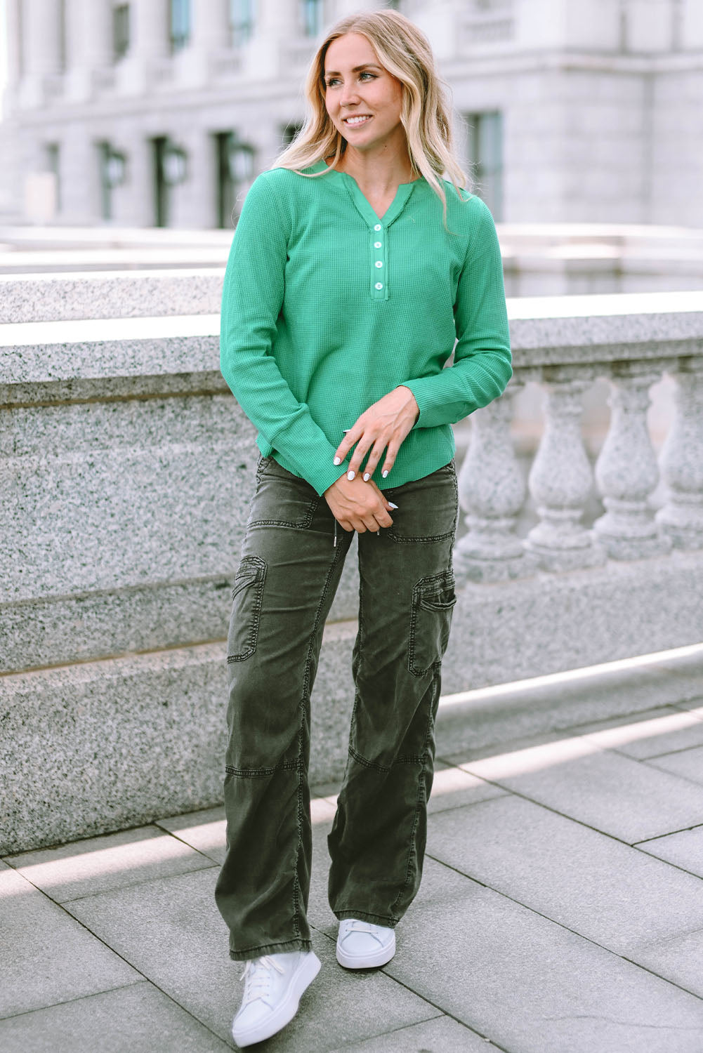 Women's Henley Top with Trimmed Waffle Knitted