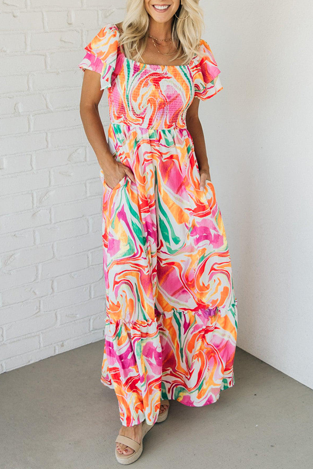 Pink Abstract Print Smocked Bust Maxi Dress