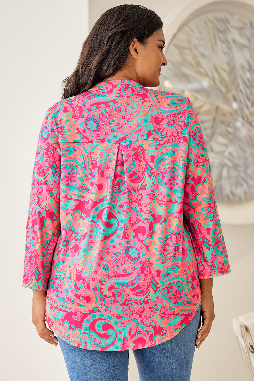 Women's Plus Size Paisley Print V Neck Roll Tab Sleeve Blouse