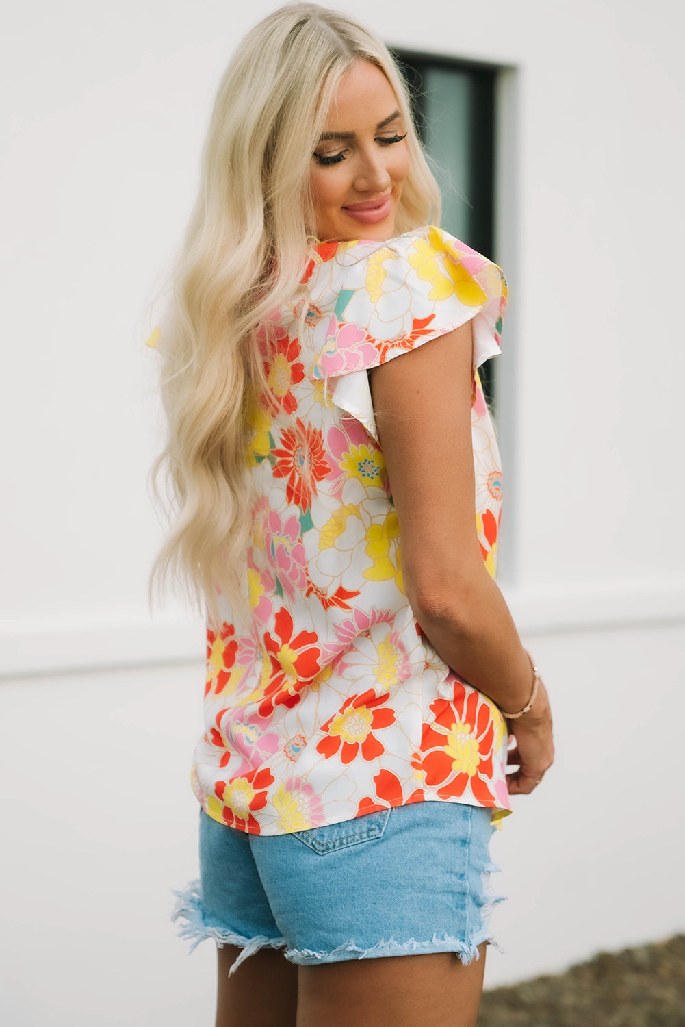 Women's Stand Collar Flutter Floral-Print Top
