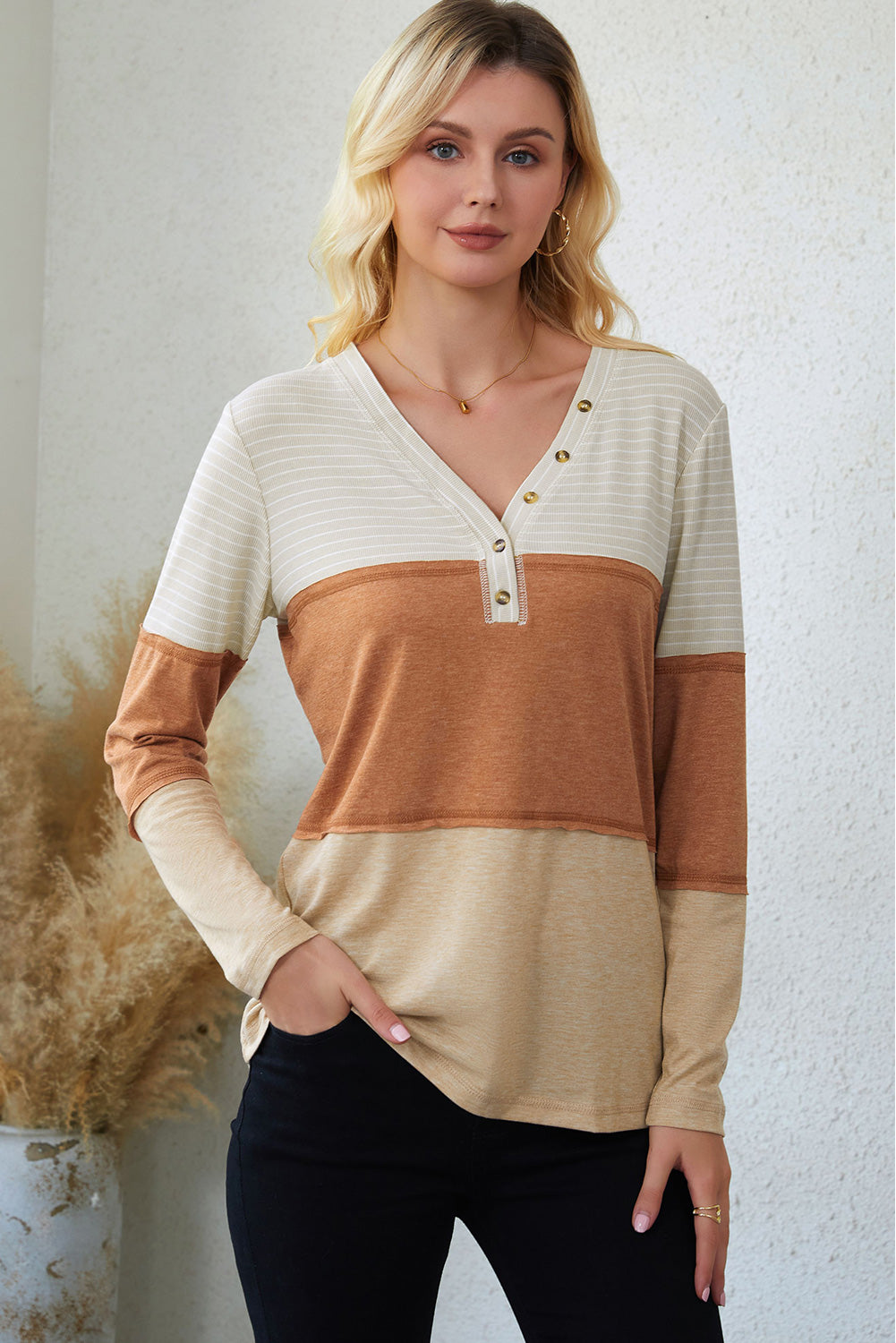Henley Top for Women Striped Color-Block