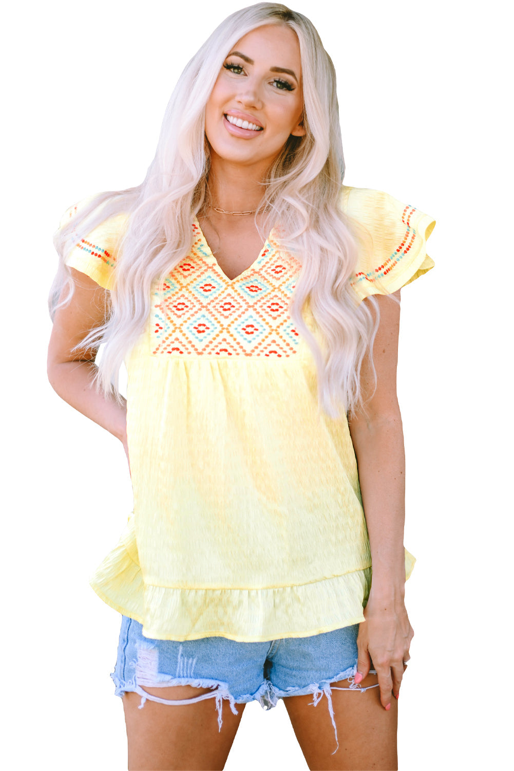 Women's Top with Yellow Geometric Ruffles