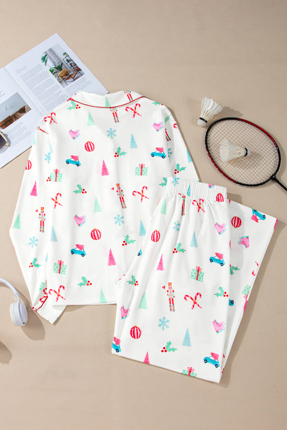 Lapel Christmas Print Shirt and Pants Sleepwear