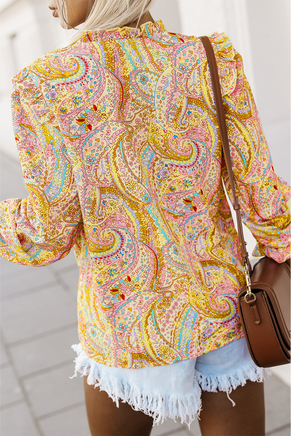 Women's Shirt Featuring Paisley Print Ruffle-Trimmed Trim Bohemian