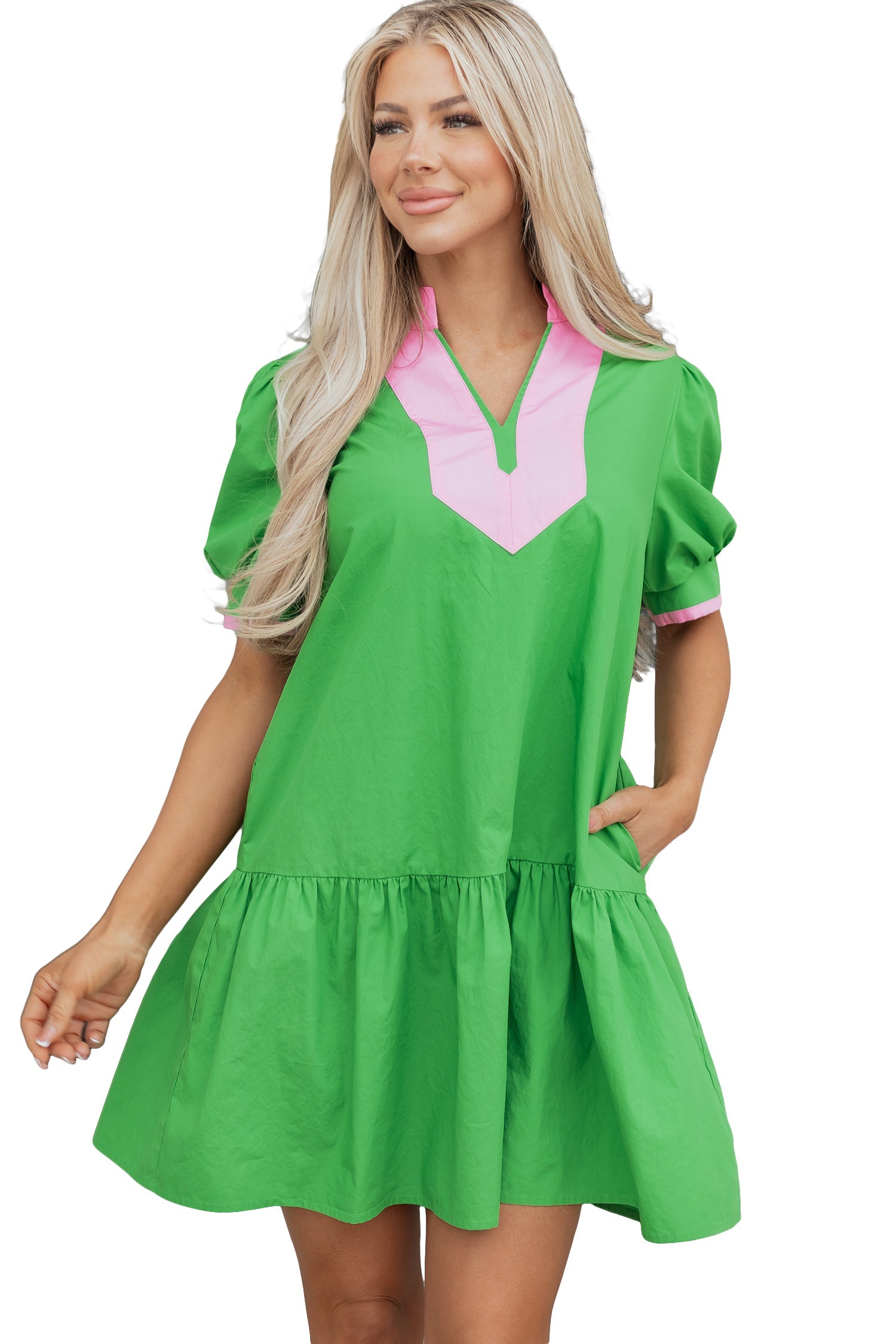 Split Neck Short Puff Sleeve Ruffle Hem Mini Dress
