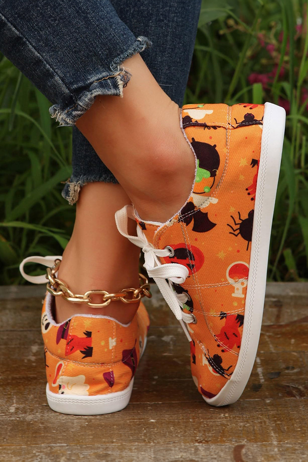 Ghost Halloween Pumpkin Print Lace-up Flat Shoes