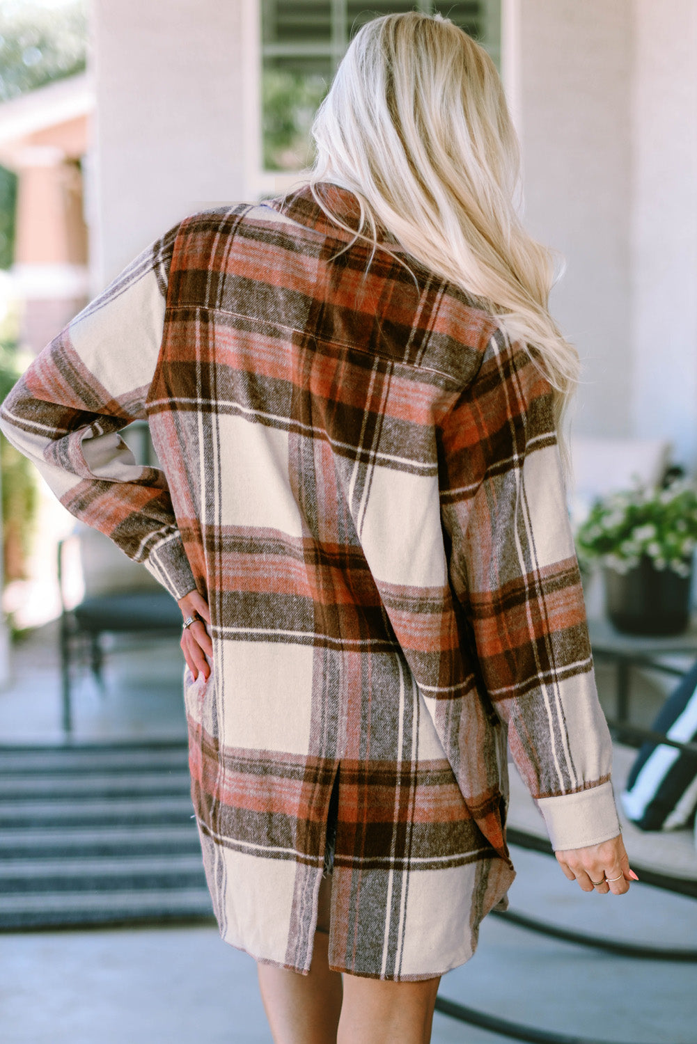 Women's Long Plaid Flap Pockets Shacket