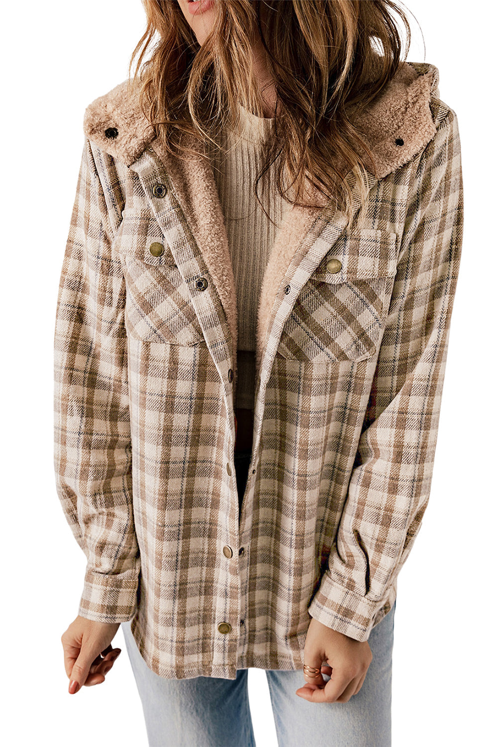 Women's Shacket Featuring Sherpa Lined Hooded Plaid Pattern