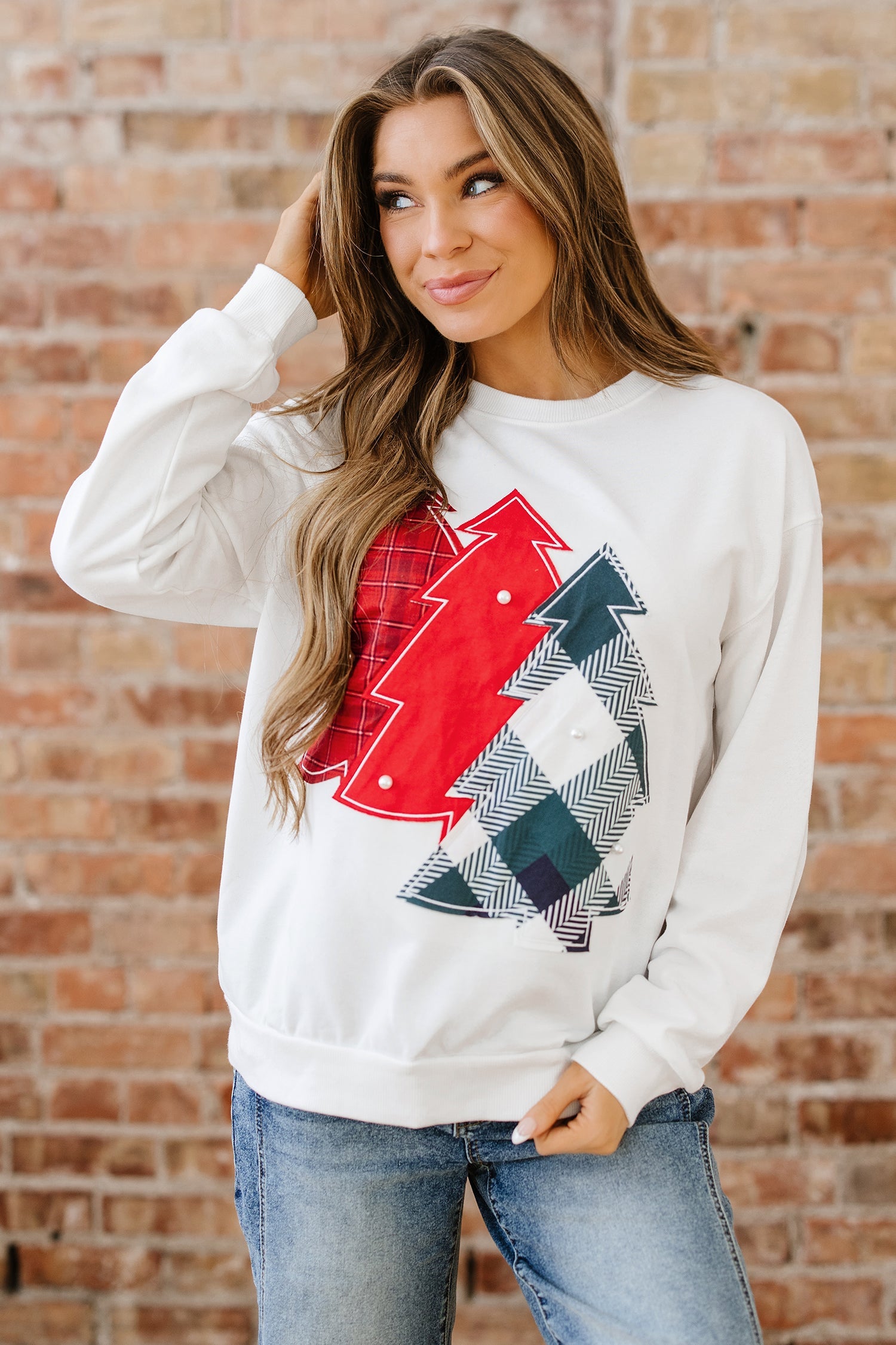 Pearl Plaid Christmas Tree Patched Drop-Shoulder Sweatshirt