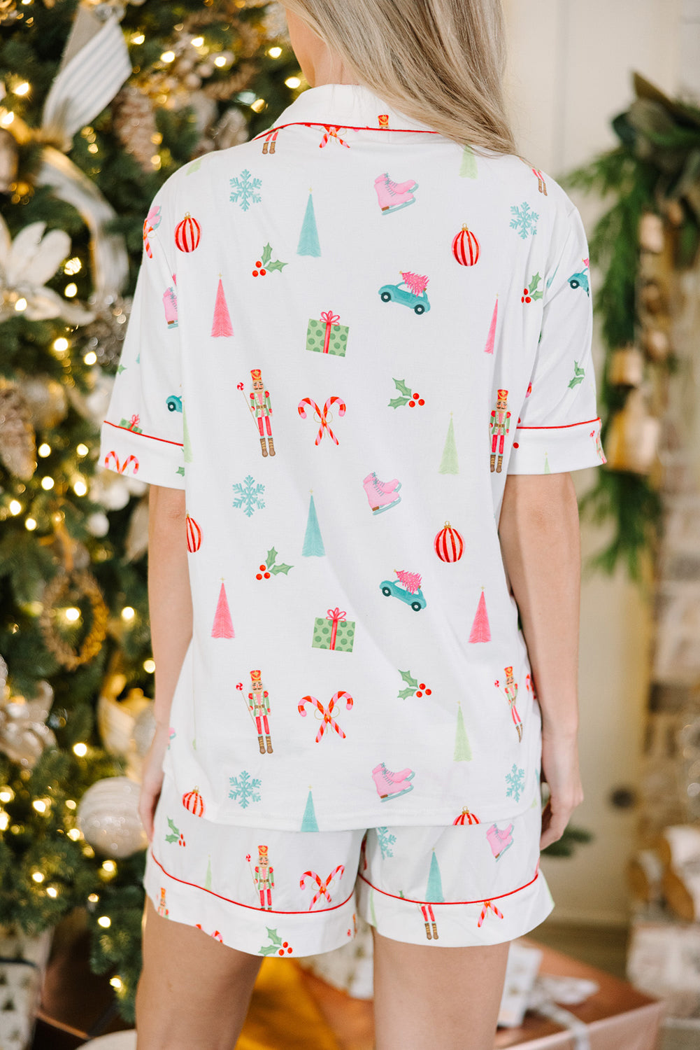 Christmas Print Short-Sleeved Shirt and Shorts Pajama Set