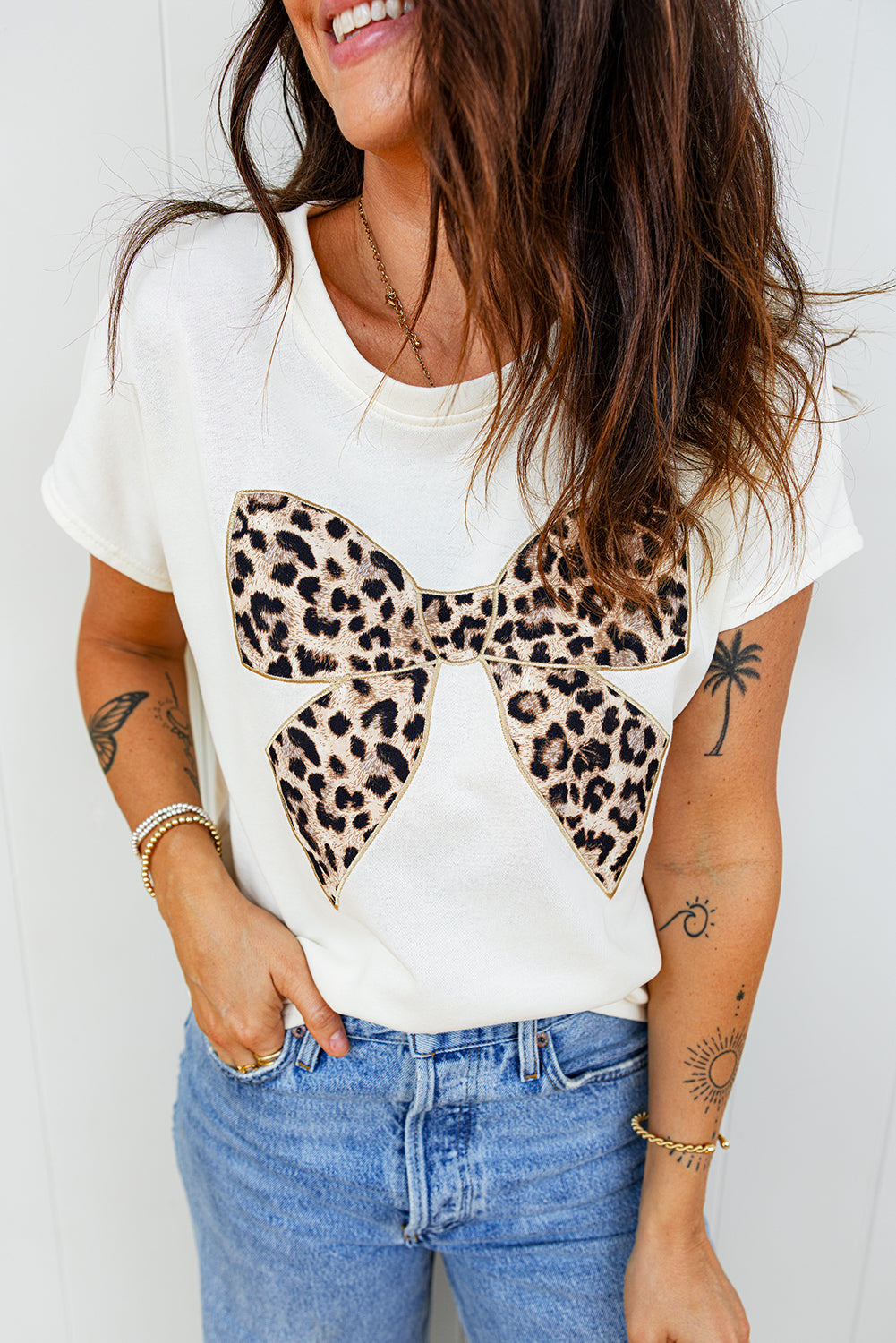 Embroidered Leopard Bow Cotton Round-Neck T Shirt