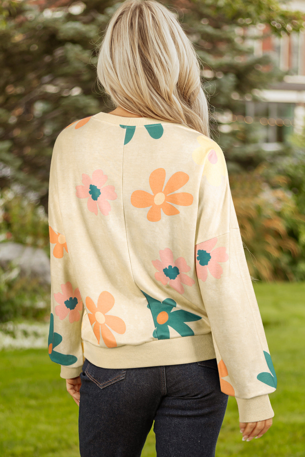 French Mineral Washed Terry Flower Print Sweatshirt