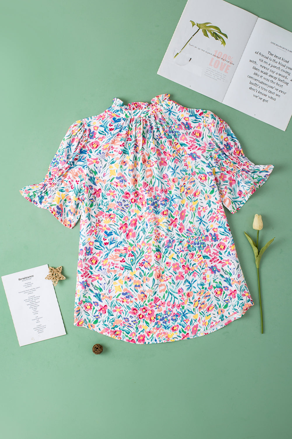 Women's Floral-Print Print Split Neck Balloon Sleeve Blouse