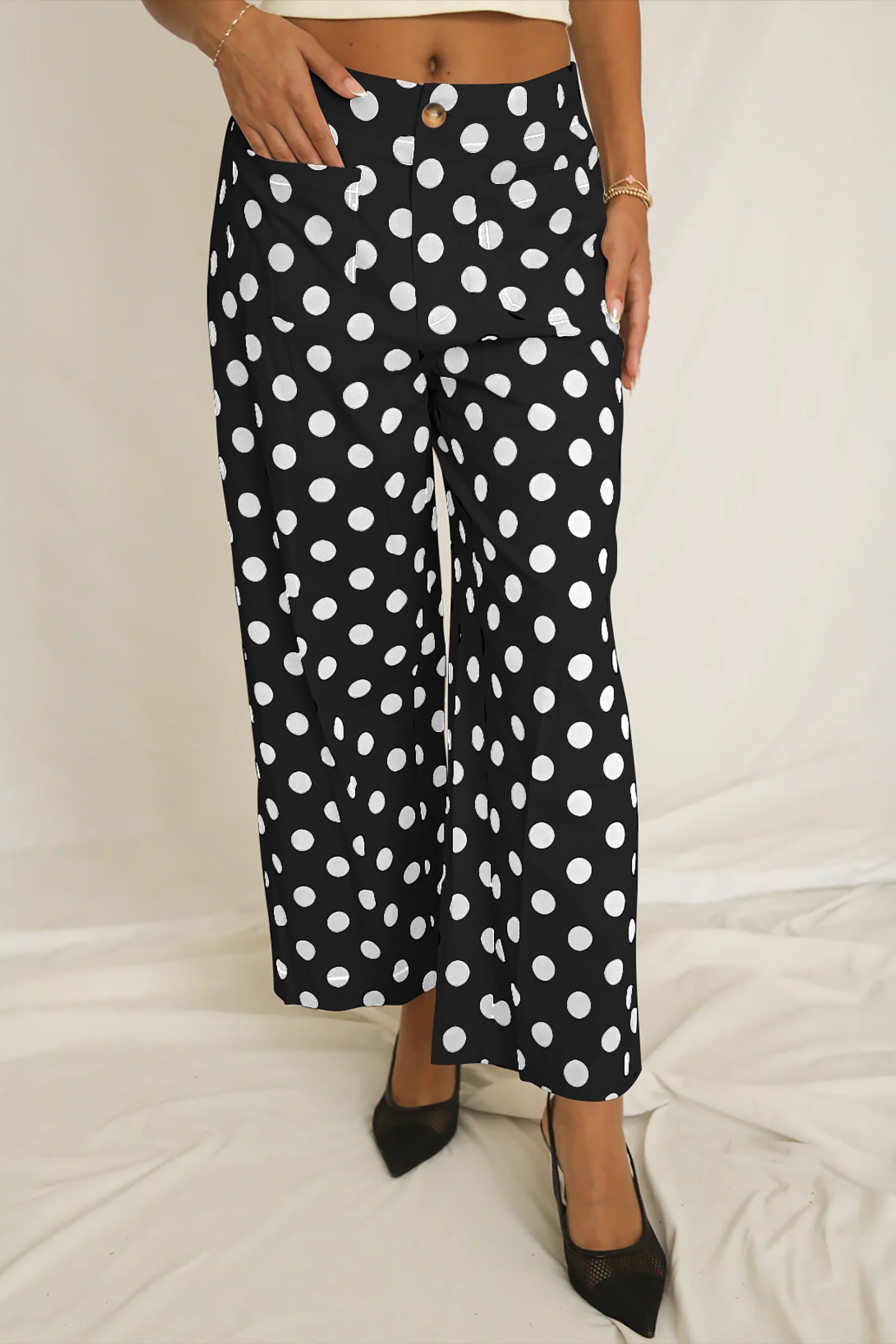 Polka-Dot Pocket Print Patched Mid-rise Straight Leg Pants in Black