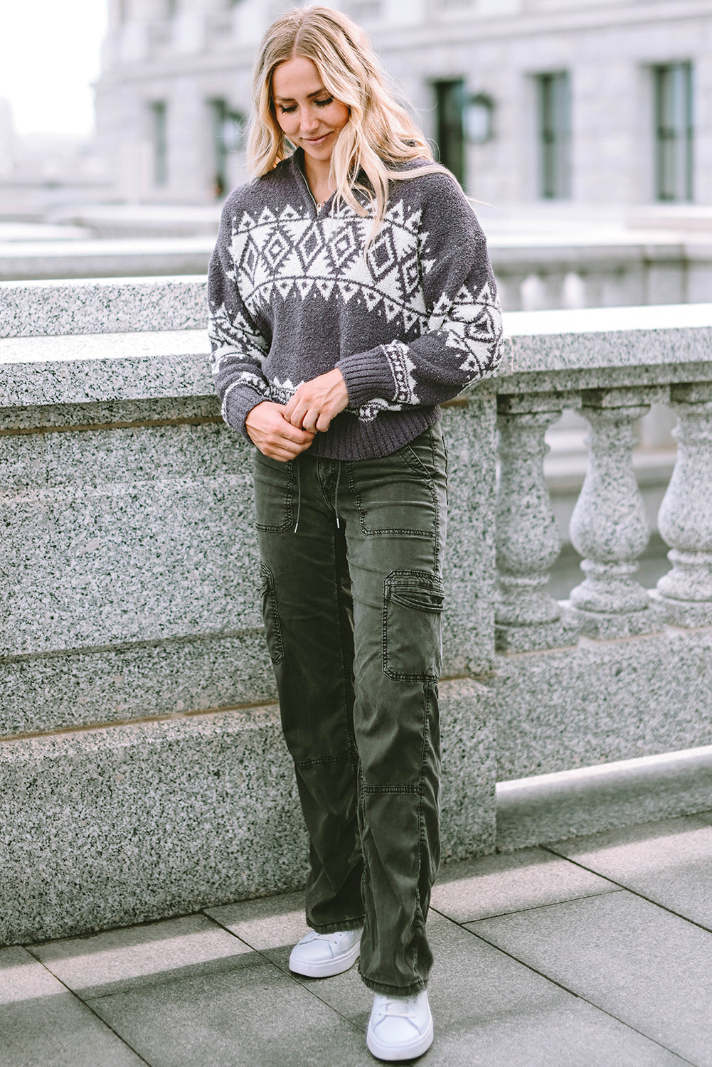 Women's Zip Geometric Quarter Pullover Sweater