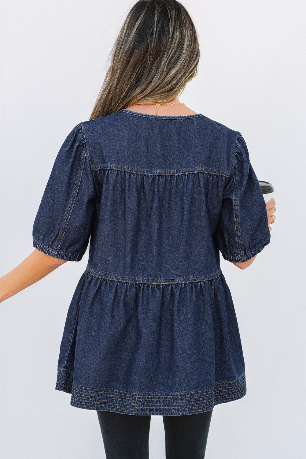 Lace-up Neckline Splicing Denim Blouse