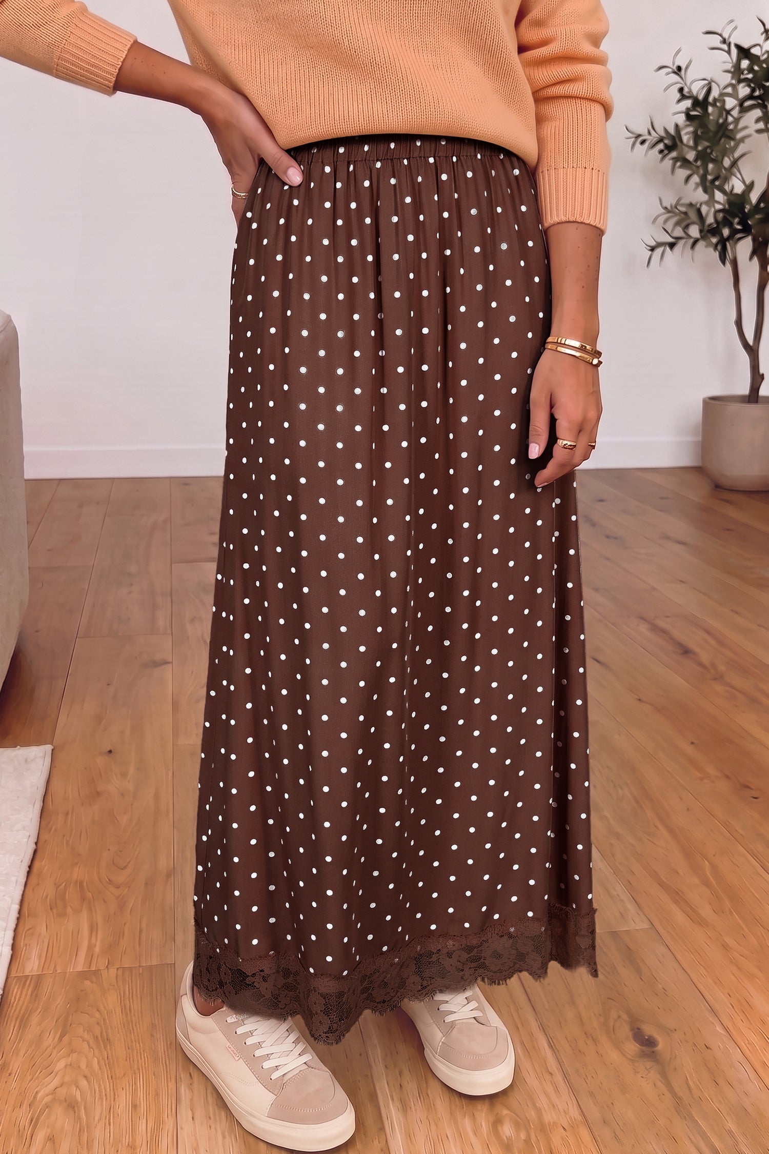 Polka-Dot Lace Hem Refined Long Shift Skirt in Brown