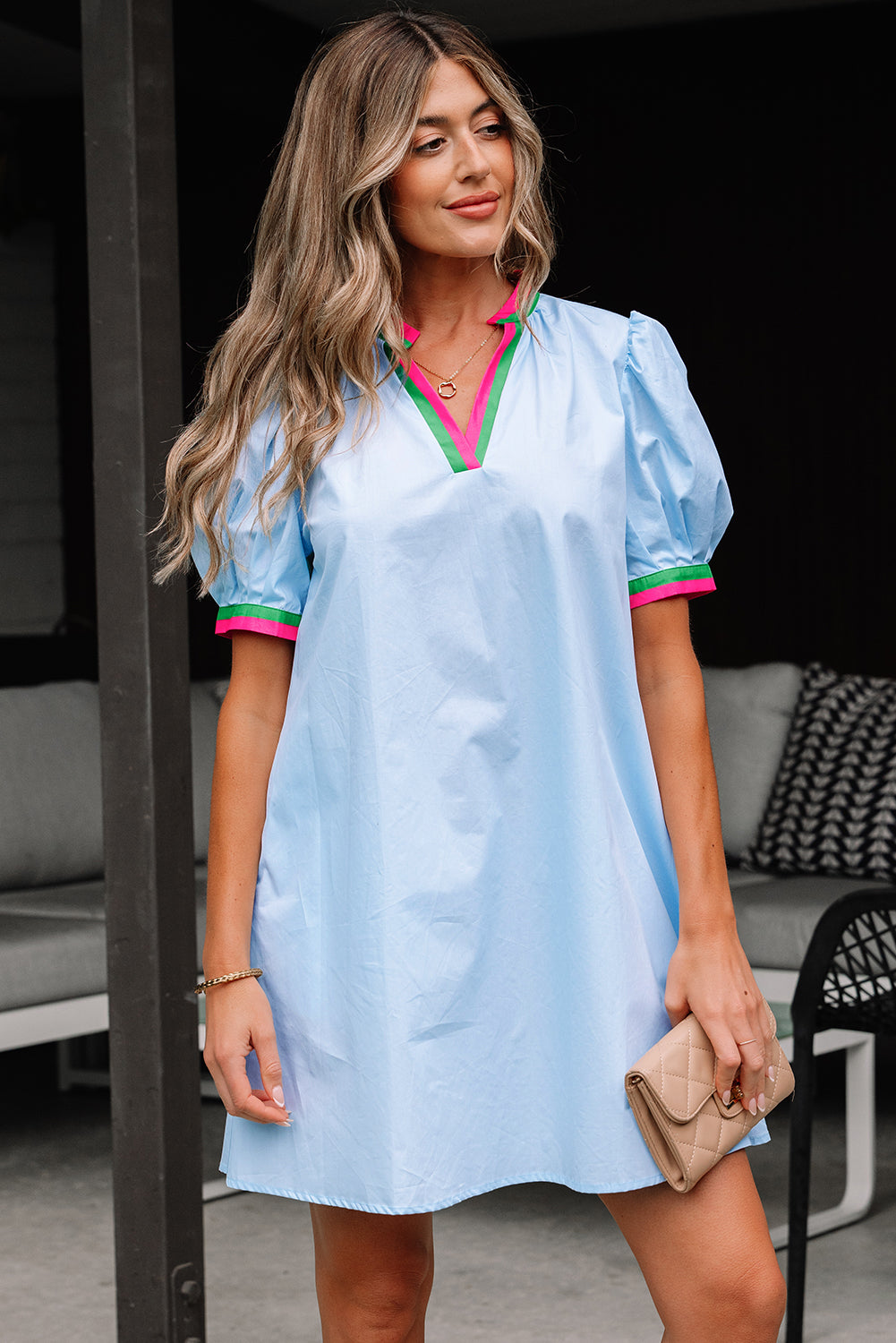 Contrast V-Neck Striped Notched Puff Sleeve Mini Dress