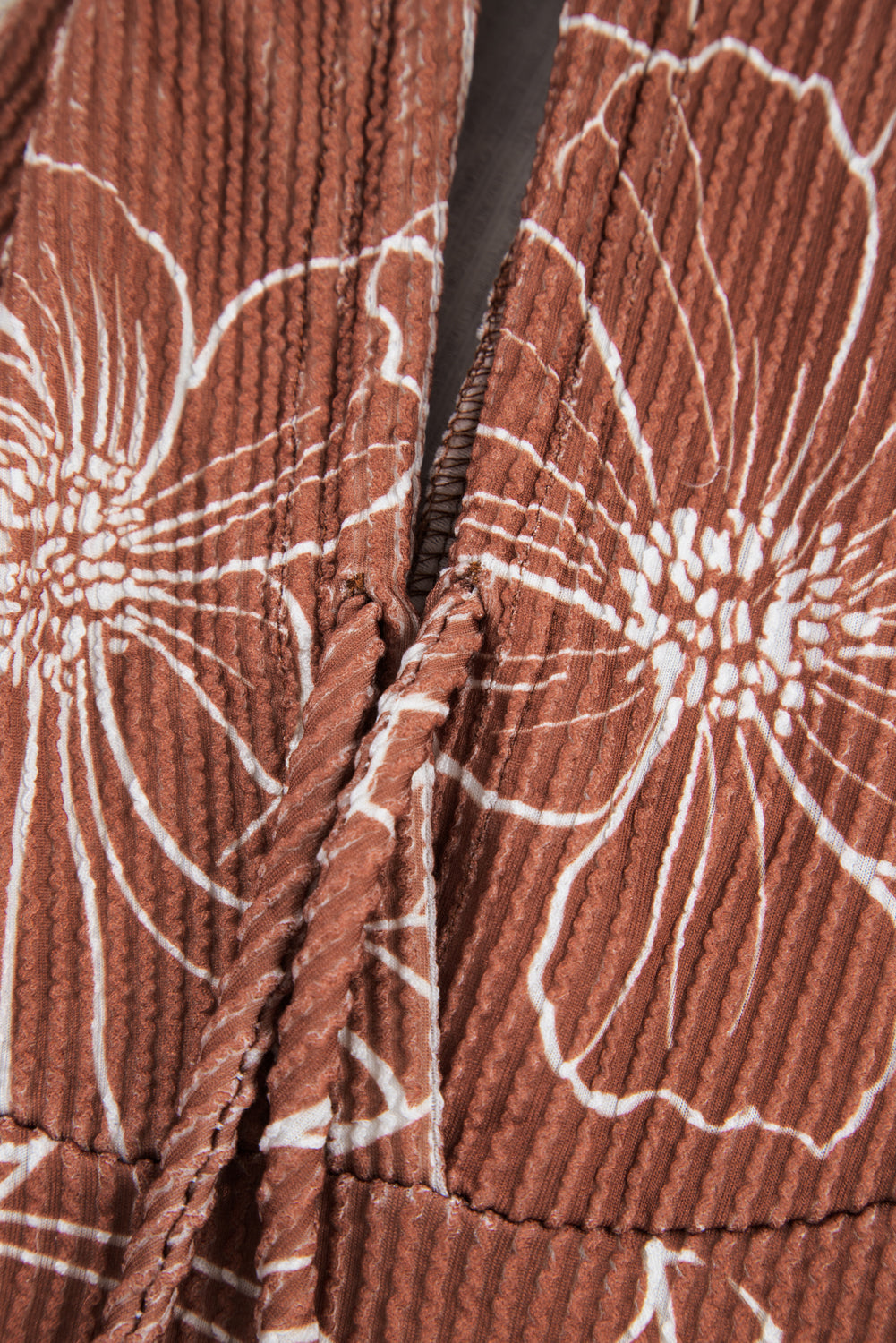 Rib Floral Twisted Drawcord Kangaroo Pocket Hoodie