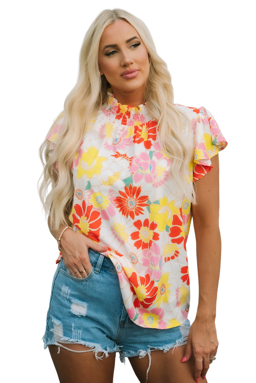 Women's Stand Collar Flutter Floral-Print Top