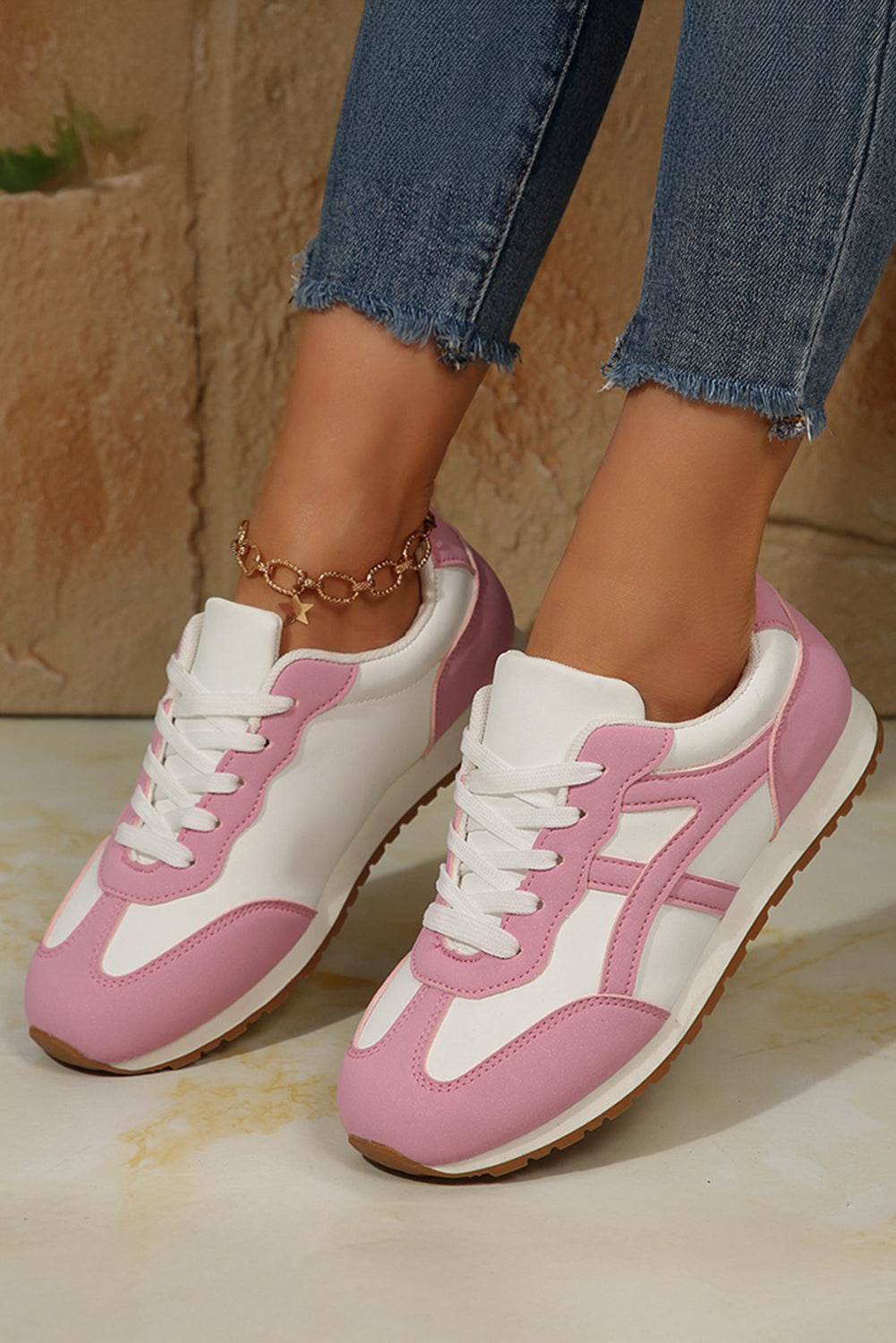 Colorblock Lace-up PU Leather Sneakers