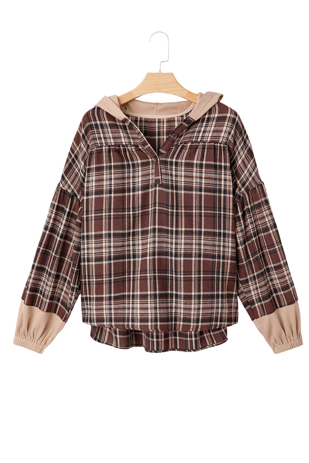 Long-Sleeved Plaid Patchwork Button Hooded Blouse