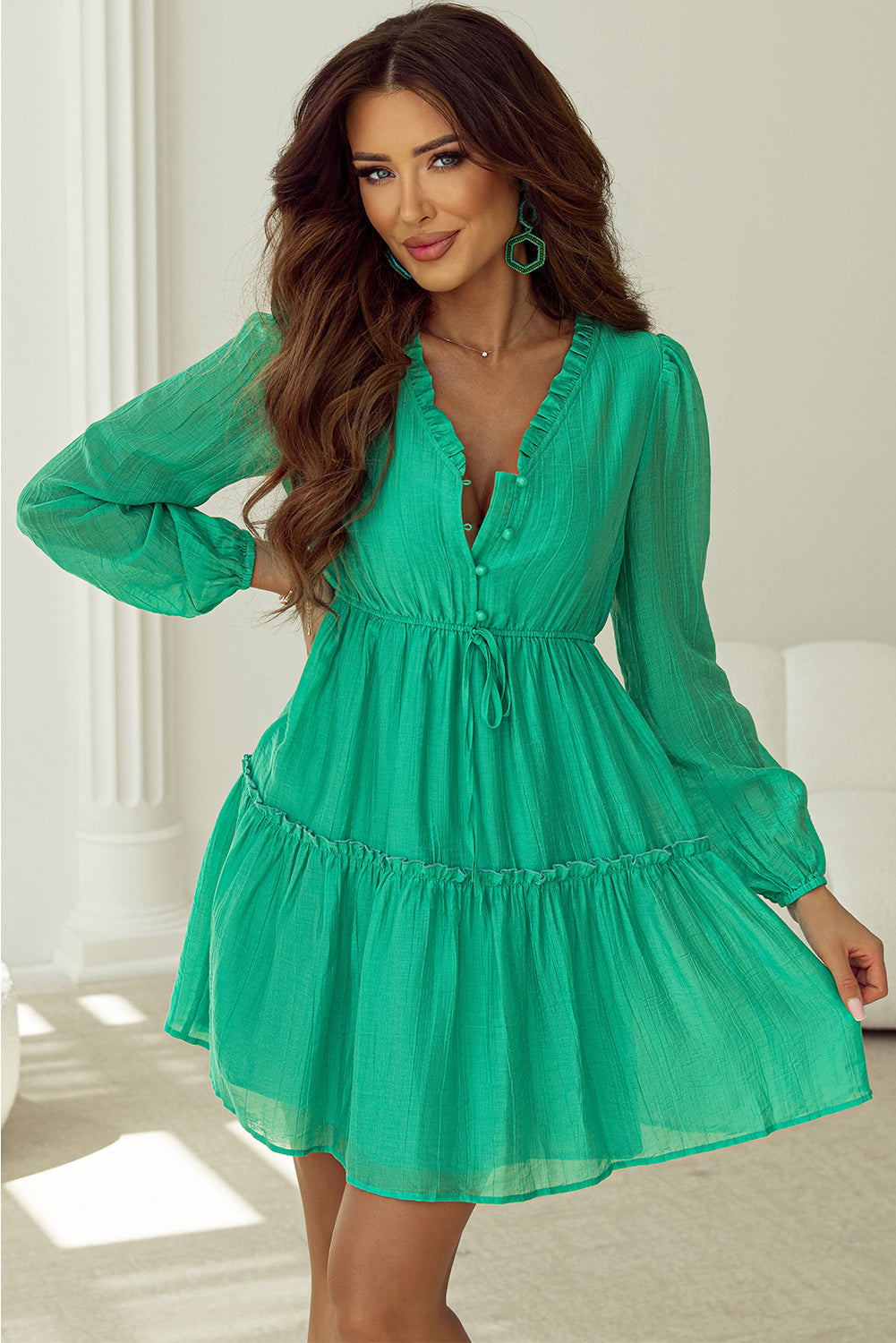 Women's Shift Frill-Trimmed Drawcord Mini Dress