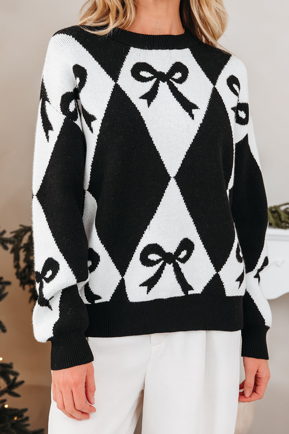 Bow Print 2-tone Rhombus Knit Loose Knit Top