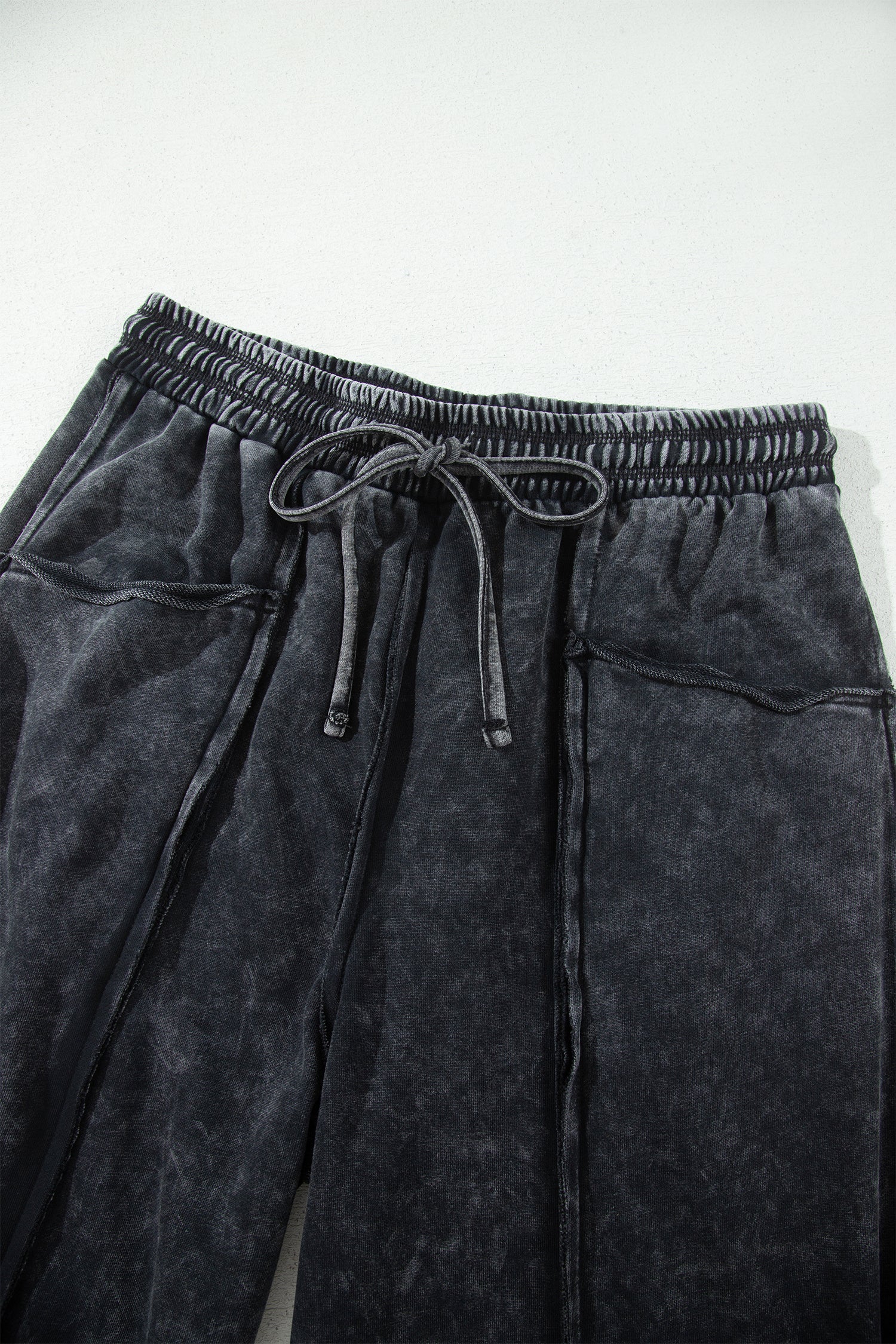 Raw Seam Drawcord Elastic Waist Barrel Pants in Black