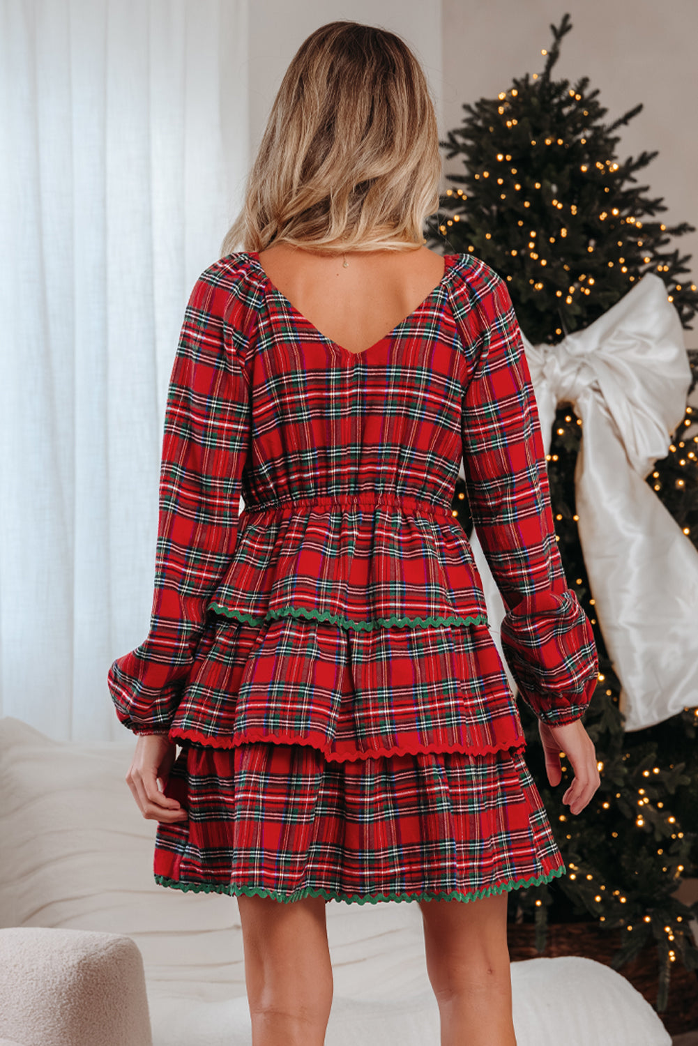 Ricrac Plaid Print Tiered Bubble Sleeve Mini Dress in Red