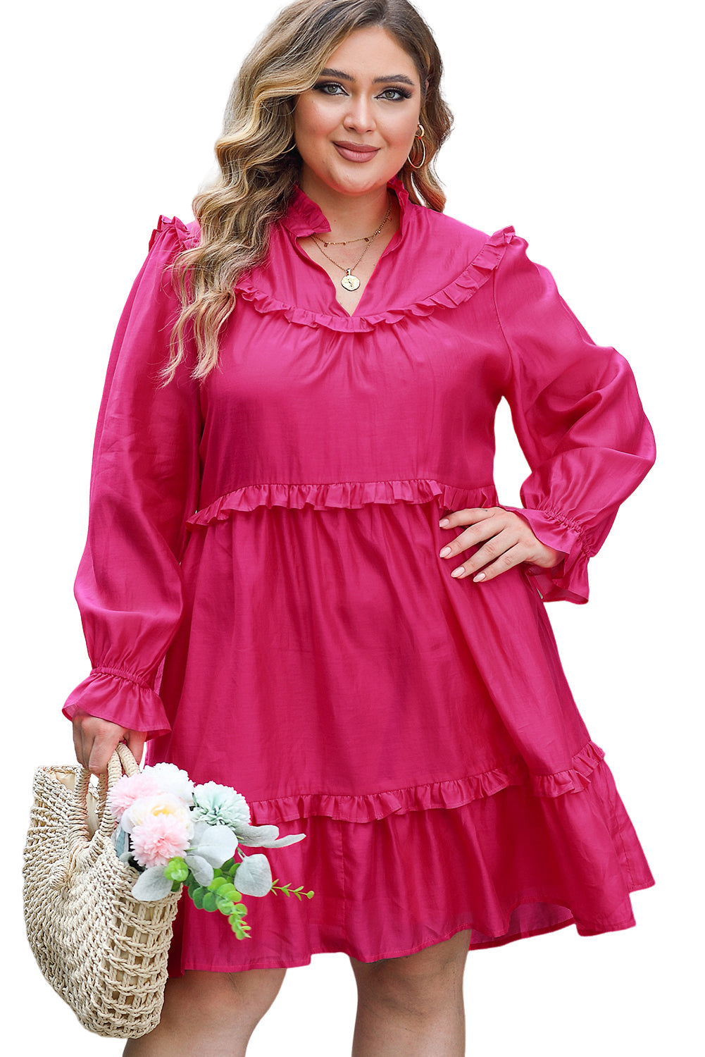 Dress for Women Plus Size Ruffle-Trimmed Bubble Sleeve
