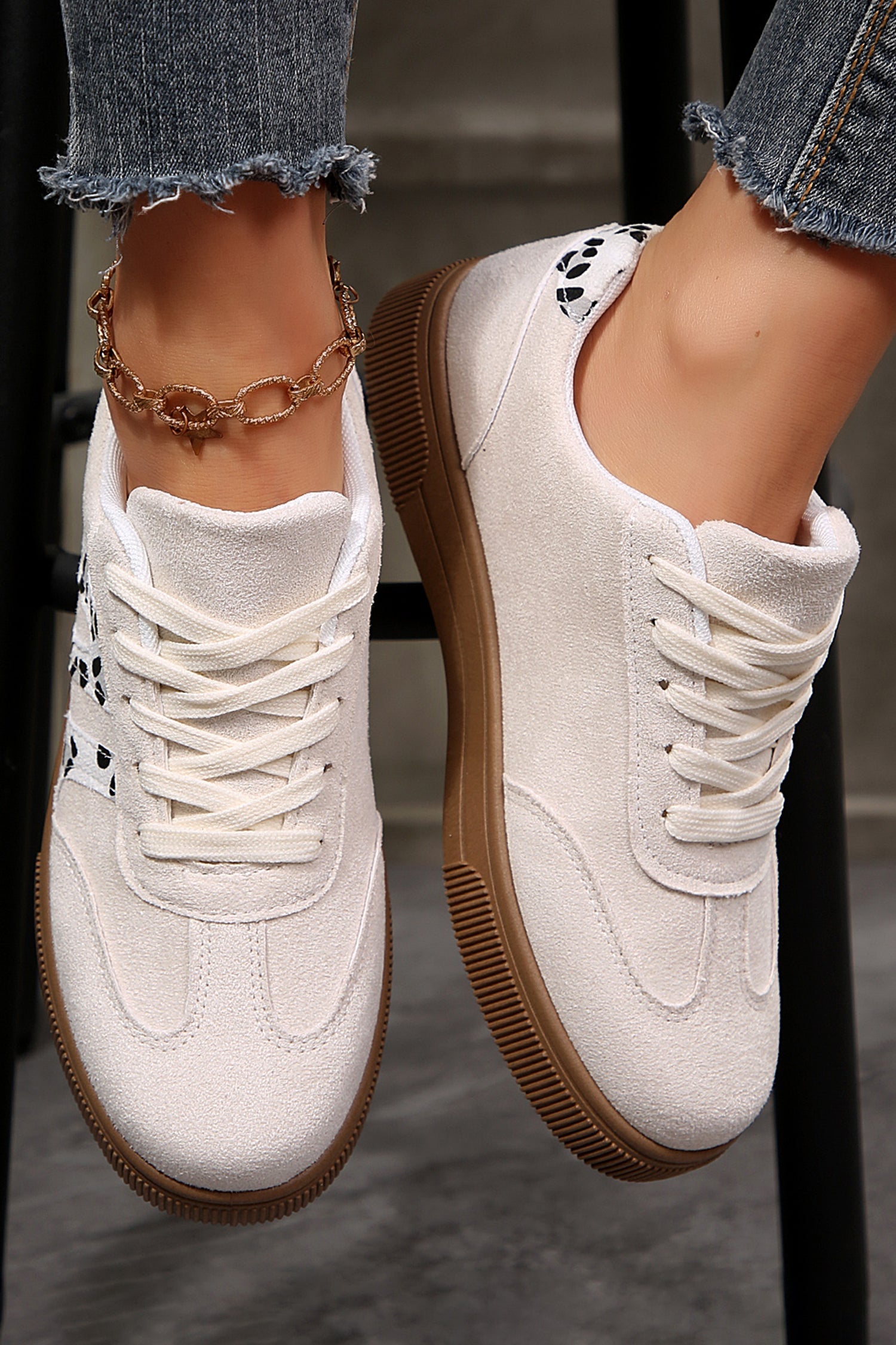 Suede Leopard Colorblock Trim Lace-up Everyday Shoes in White